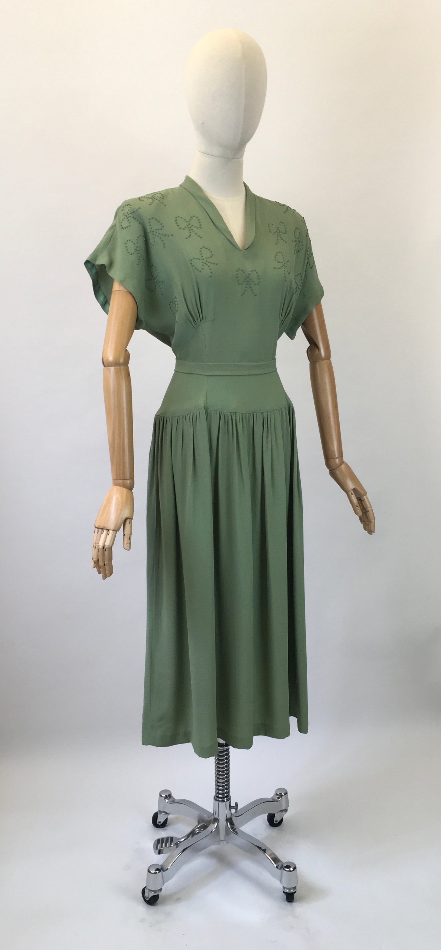 Original 1940s Beautiful Beaded Crepe dress - in a Soft Sage Green  colourway