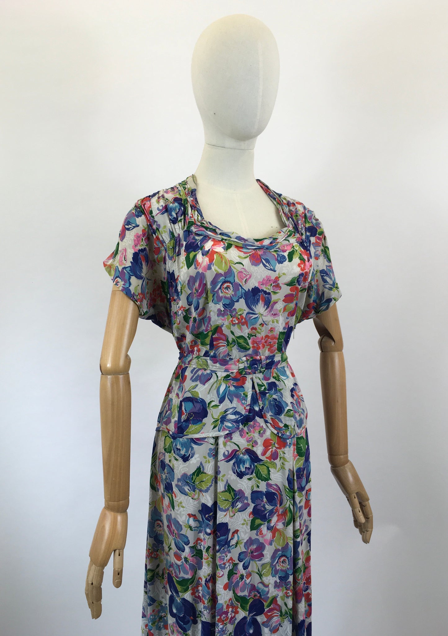 Original 1940’s Beautiful Floral Dress - Multicoloured of Blues, Corals, Fuschia Pink, Mauve and Teal