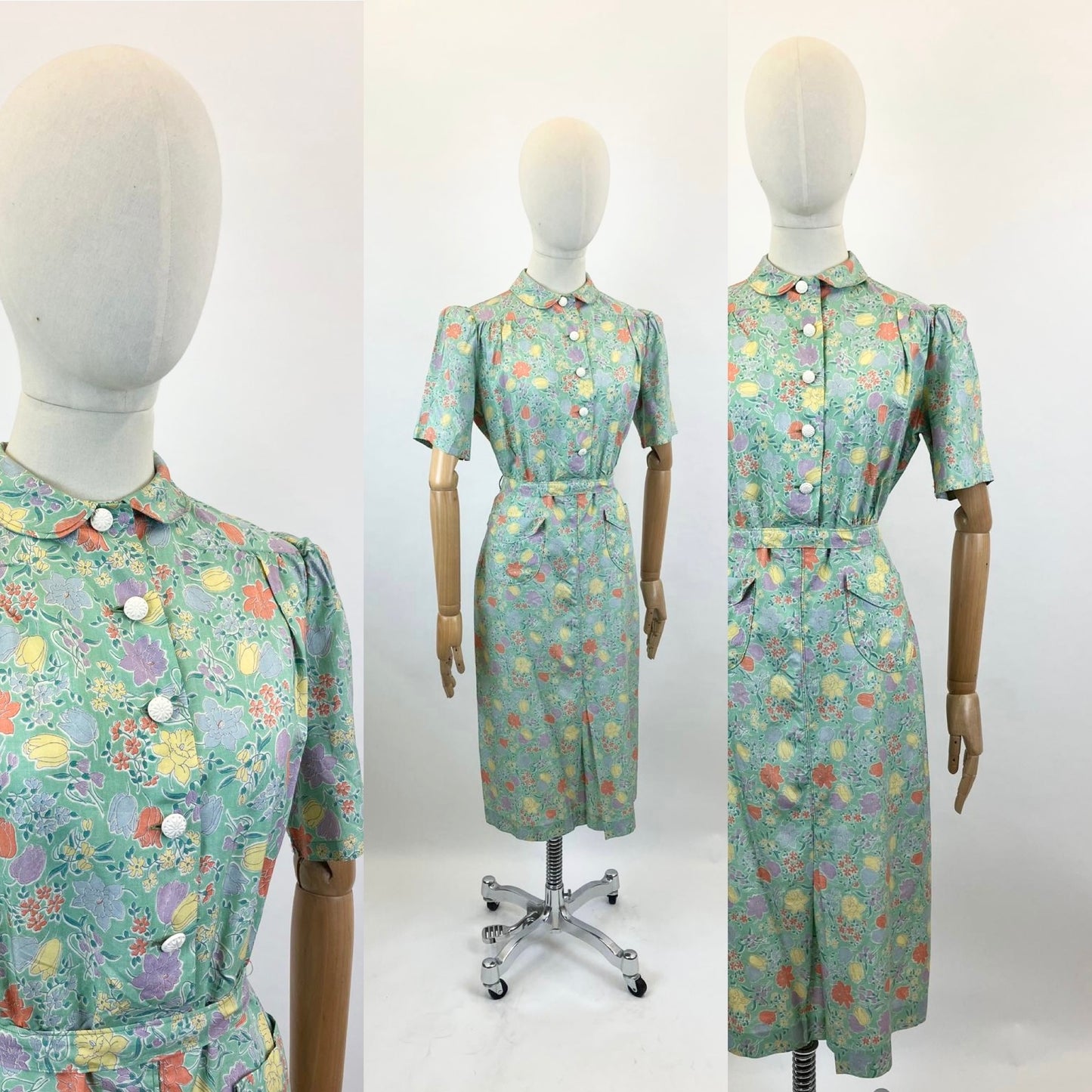 Original 1940's Silk pretty floral dress - in Celedon Green, Orange, Yellow, lilac and mauve