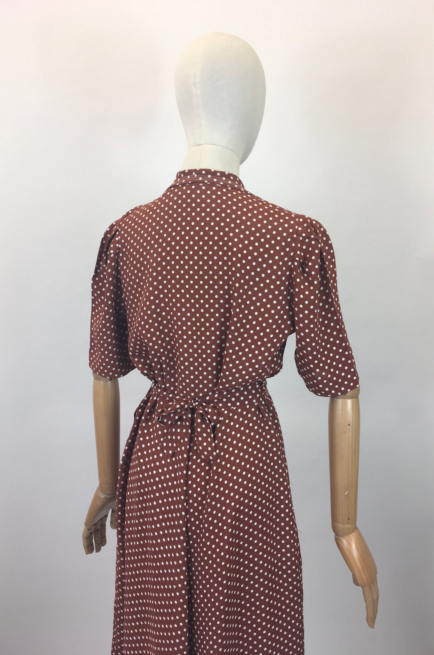 Original 1940s Beautiful Polka Dot Dress - Chestnut Brown with white dots.