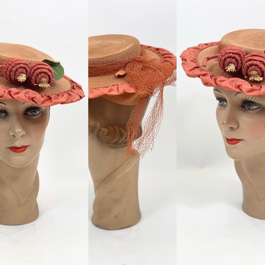 Original Gorgeous 1940’s Fine Natural Straw Hat - edged in Coral