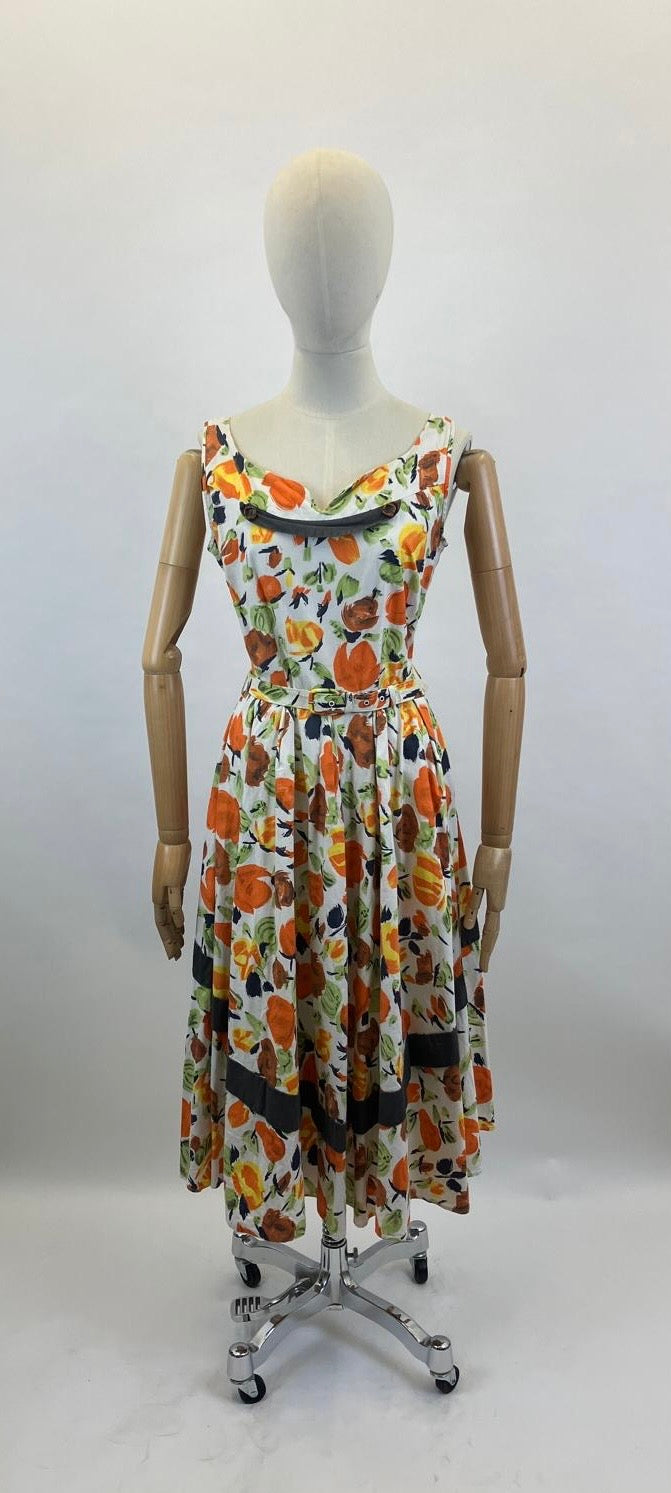 Original 1950's Cotton Sundress - Orange, Green, Cinnamon florals.