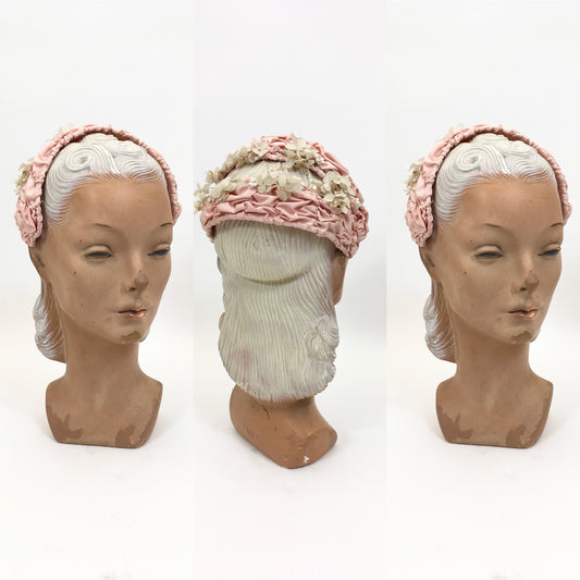 Original 40's/50's ruched detail headpiece - in powder pink