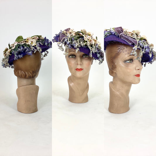 Original 1940’s Striking Platter Hat - A true Cadbury Purple, adorned with mixed flowers.