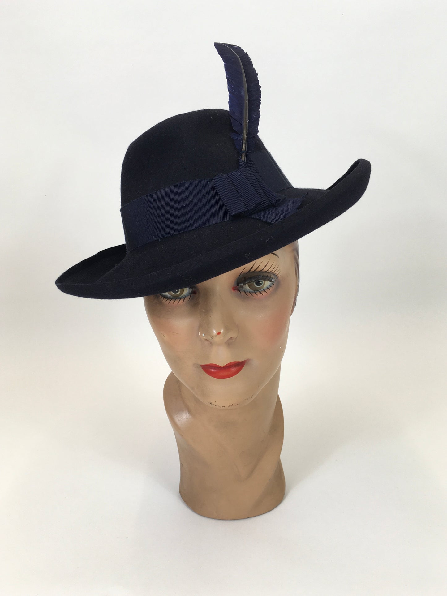 Original late 30's/ Early 40's  Stunning Fedora -  In a Deep Navy Felt with striking Blue Feather