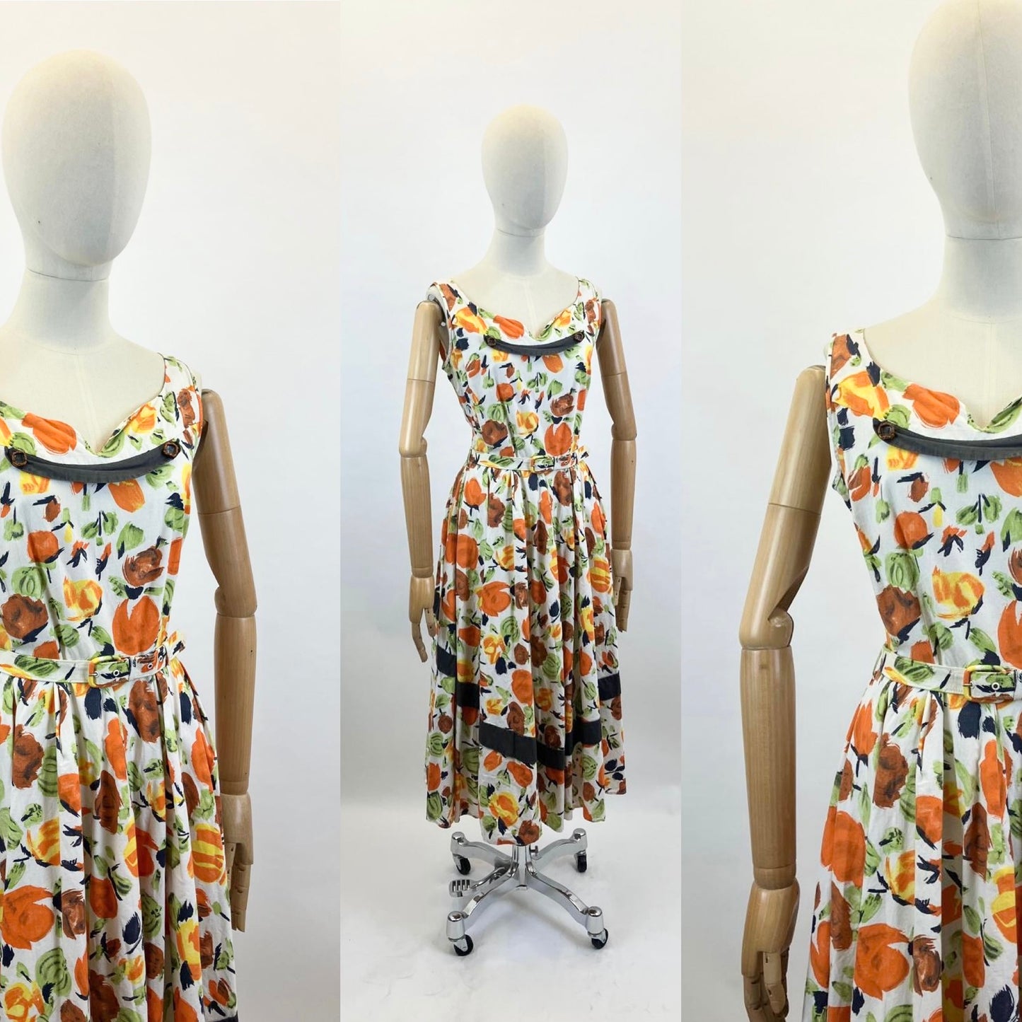 Original 1950's Cotton Sundress - Orange, Green, Cinnamon florals.