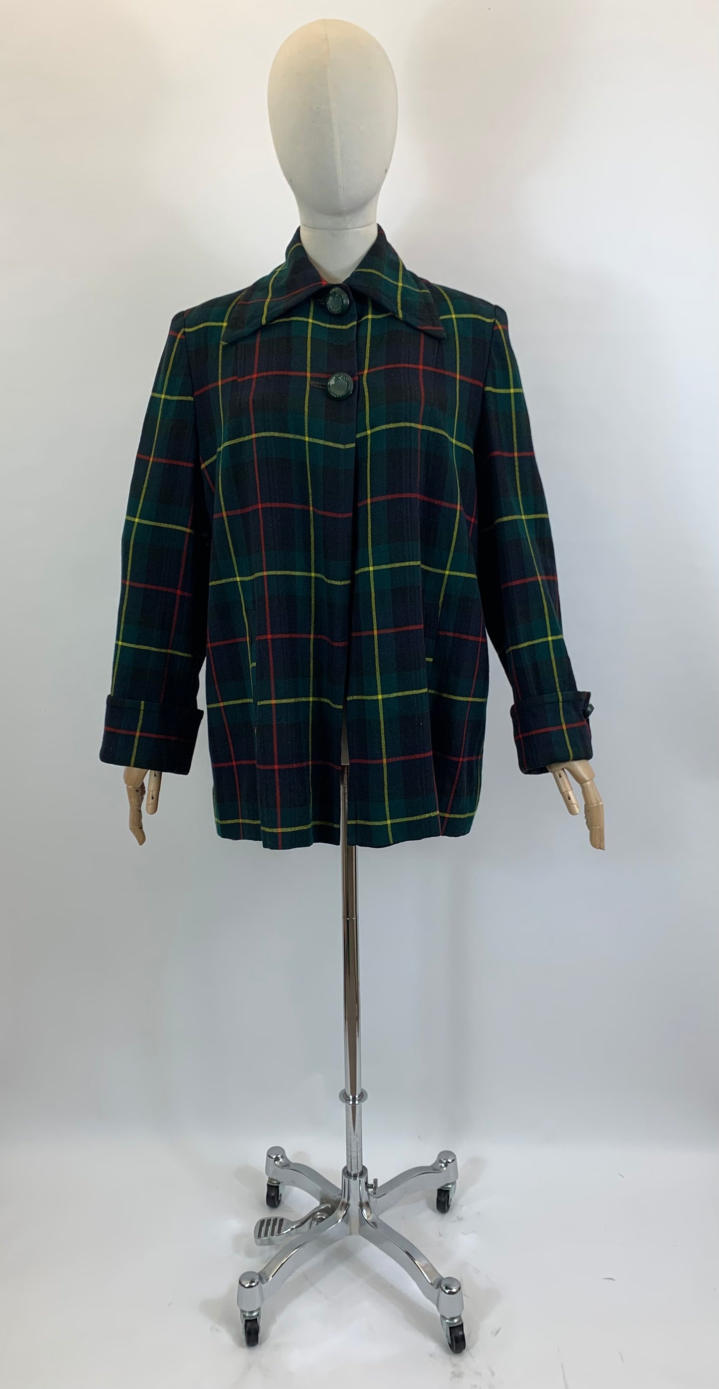 Original 1940’s Fabulous Plaid Swing Jacket - predominantly Green plaid with touches of Red and Yellow