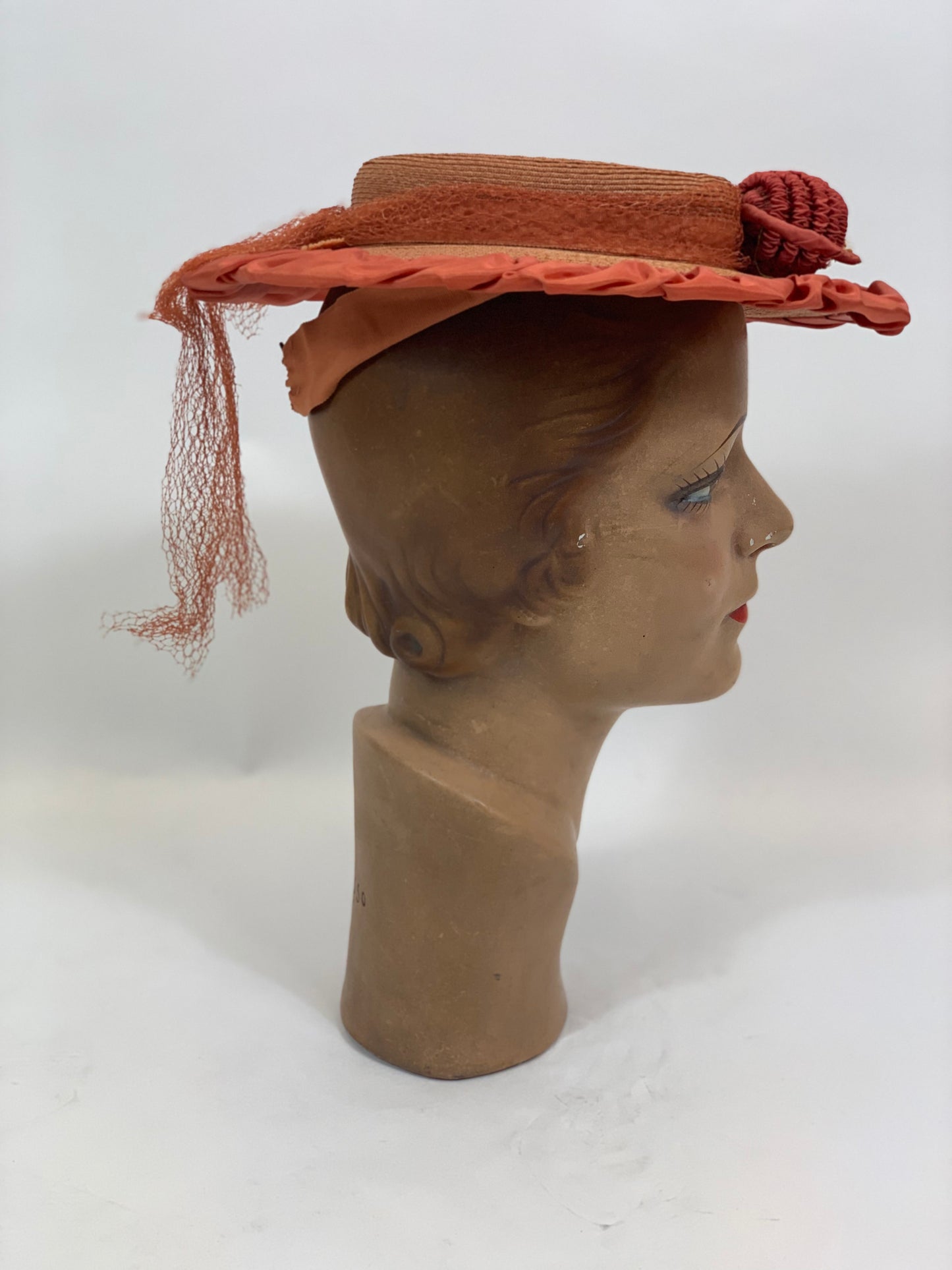 Original Gorgeous 1940’s Fine Natural Straw Hat - edged in Coral