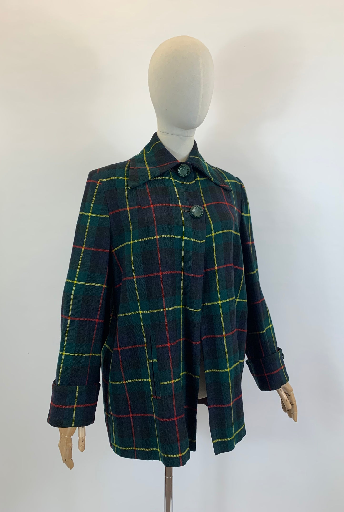 Original 1940’s Fabulous Plaid Swing Jacket - predominantly Green plaid with touches of Red and Yellow