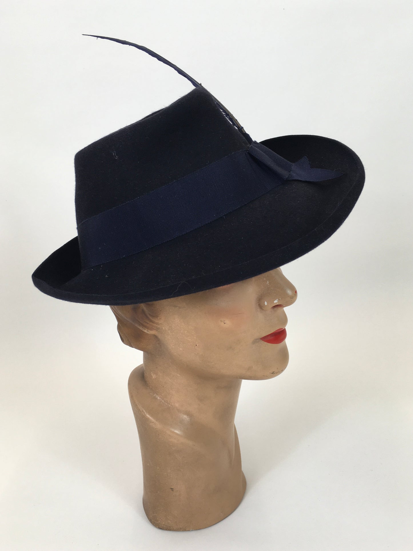 Original late 30's/ Early 40's  Stunning Fedora -  In a Deep Navy Felt with striking Blue Feather