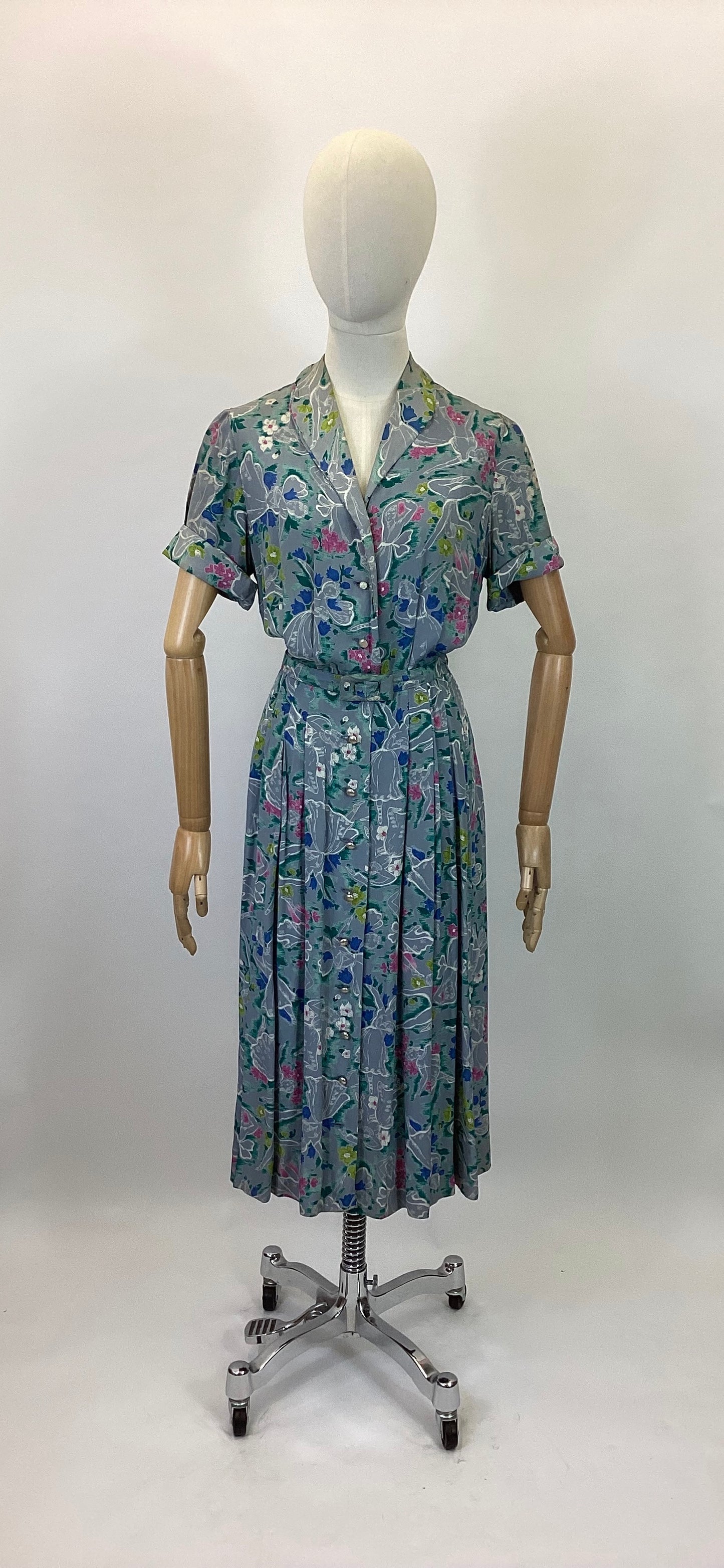 Original Fabulous 1940's  Novelty Print dress - Pale slate grey with hints of chartreuse, jade, blue and hot pink