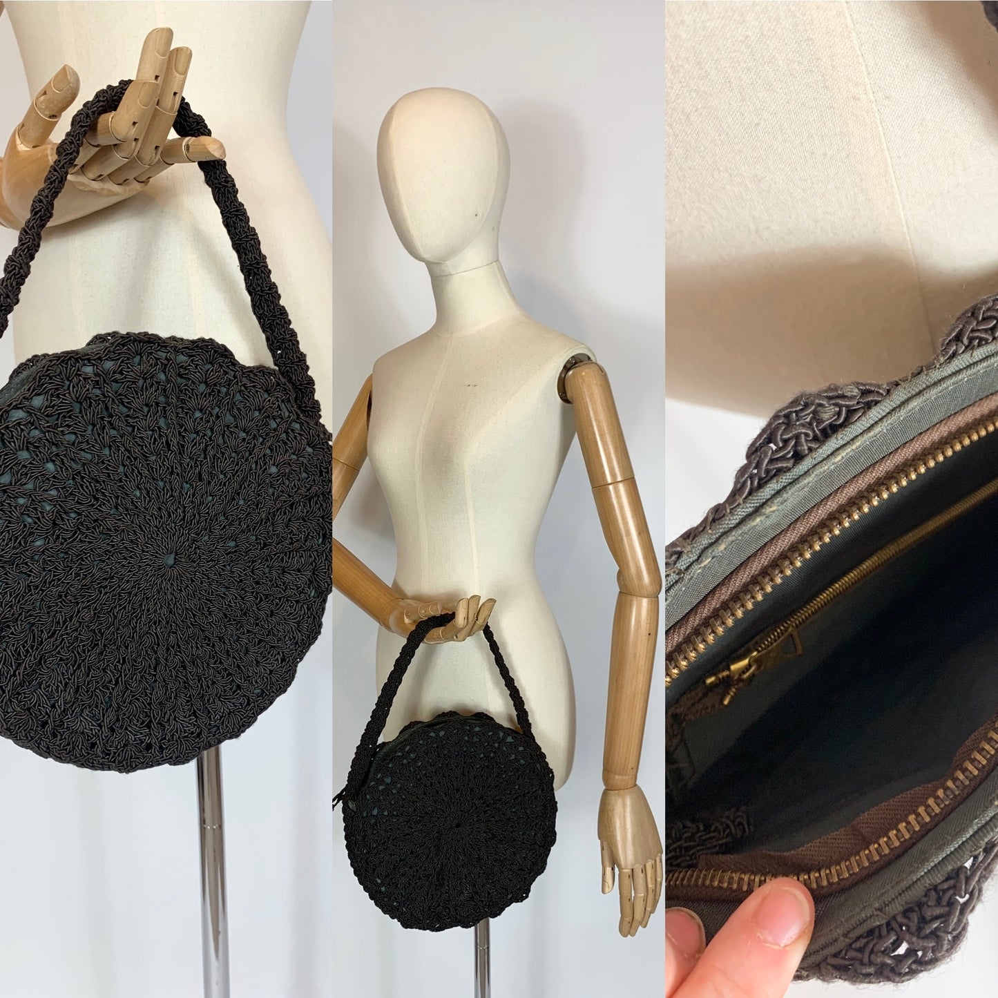 Original 1940’s Crochet Circular Handbag - Very Dark Brown