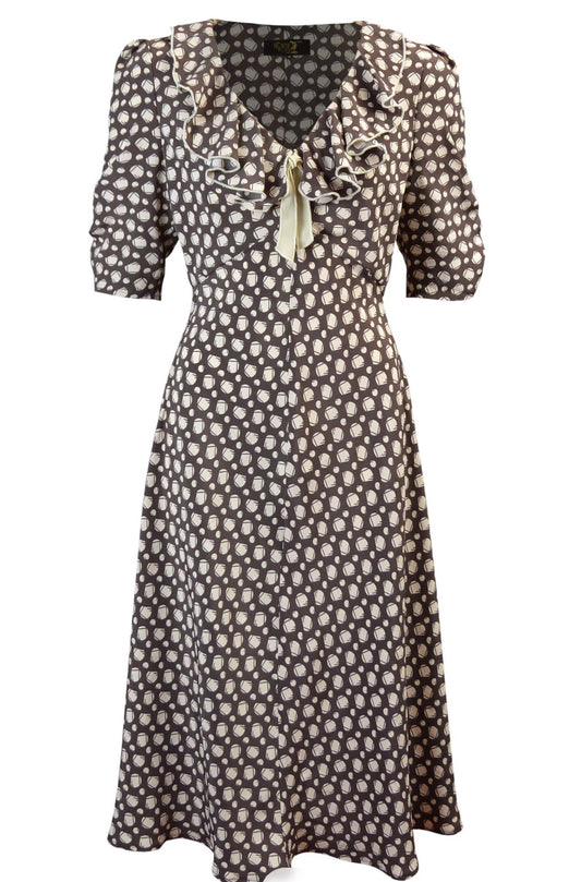 House of Foxy 1930’s Cora Dress in Brown Deco Dot