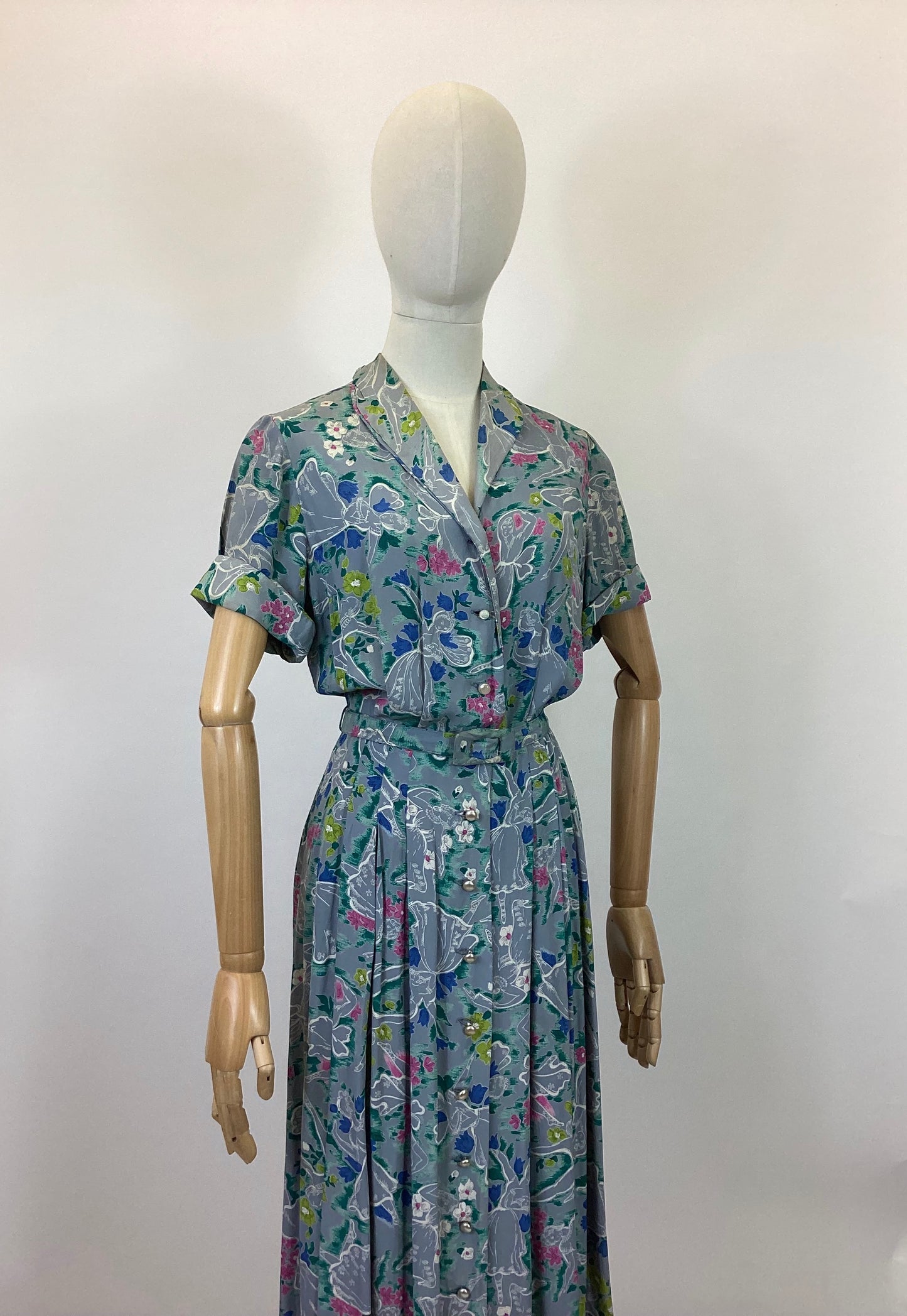 Original Fabulous 1940's  Novelty Print dress - Pale slate grey with hints of chartreuse, jade, blue and hot pink