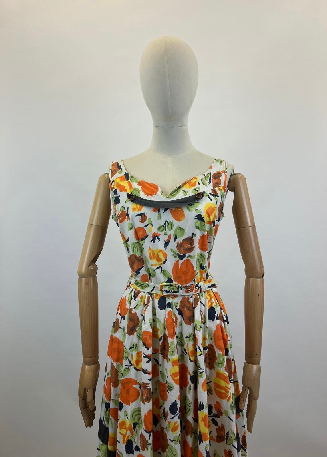 Original 1950's Cotton Sundress - Orange, Green, Cinnamon florals.