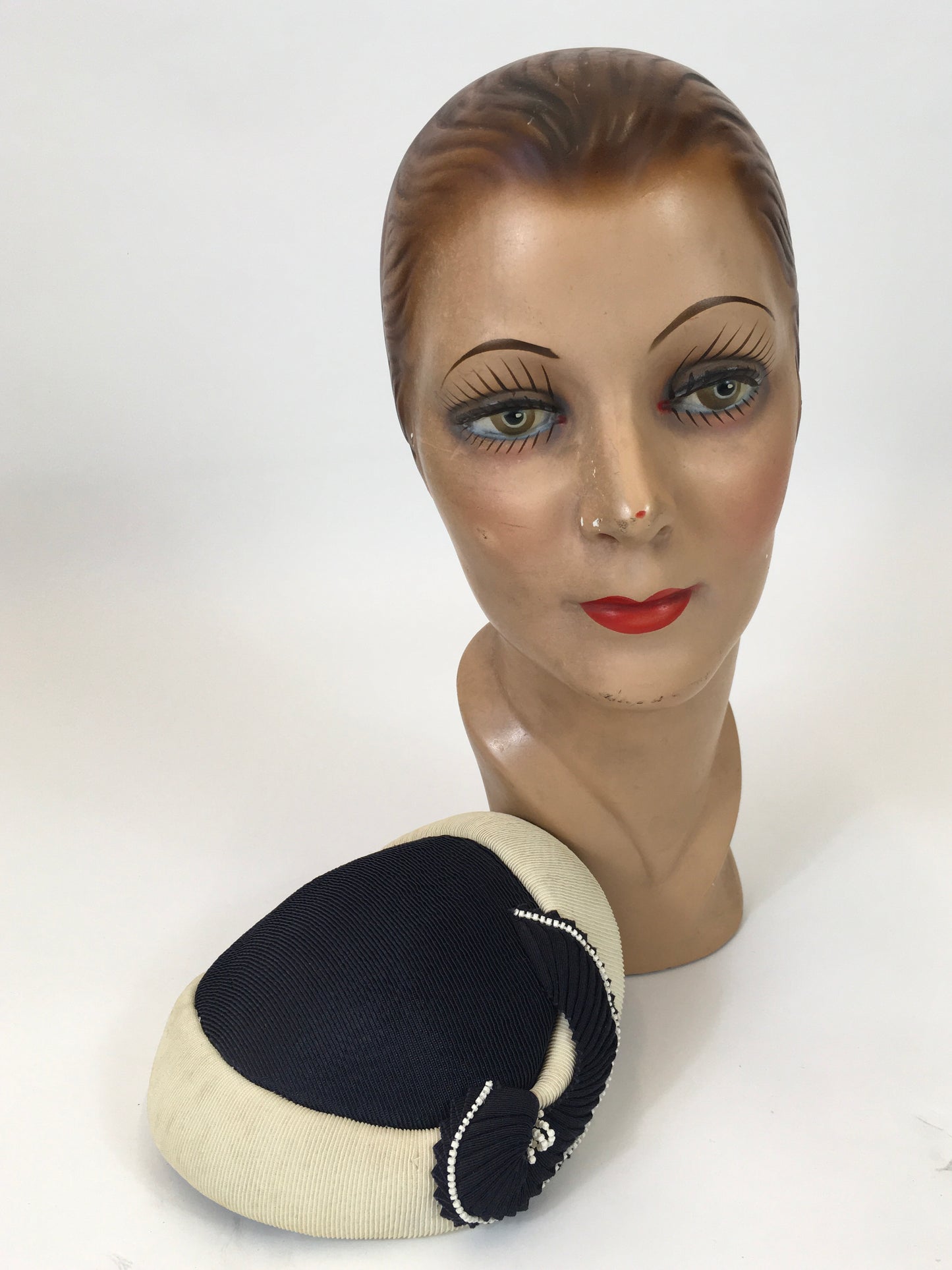 Original 1950's Classic Elegant Headpiece - In two tone Navy/Cream combination.