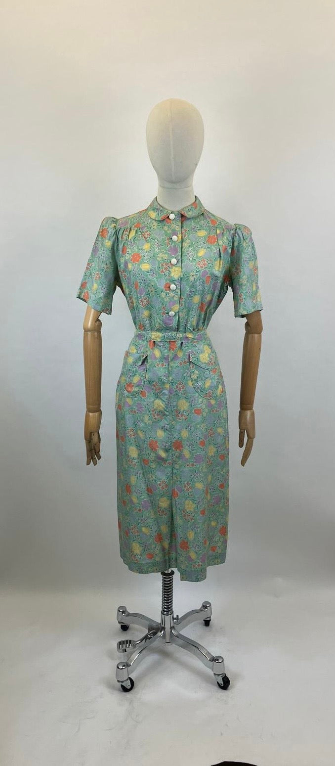 Original 1940's Silk pretty floral dress - in Celedon Green, Orange, Yellow, lilac and mauve