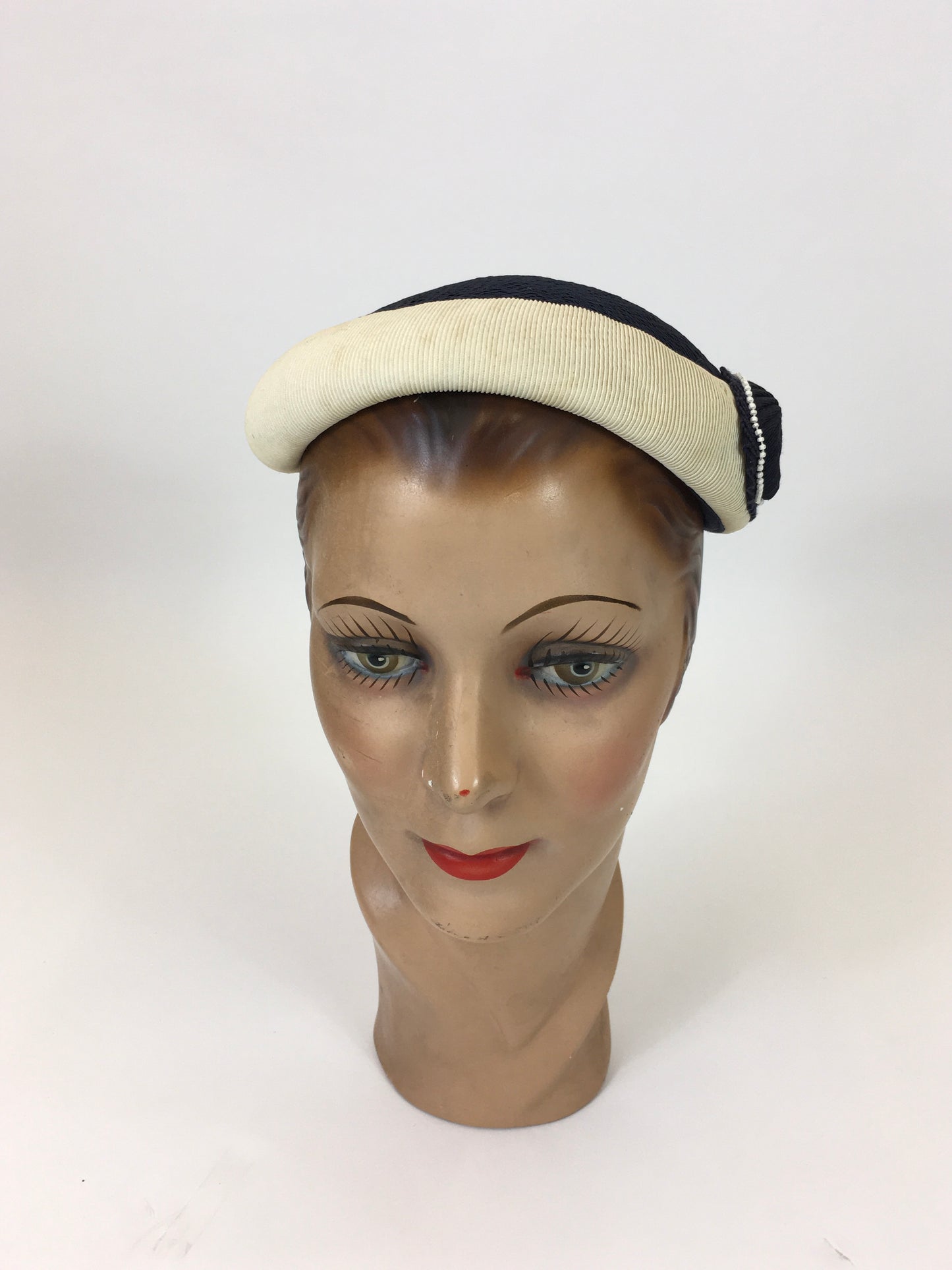 Original 1950's Classic Elegant Headpiece - In two tone Navy/Cream combination.