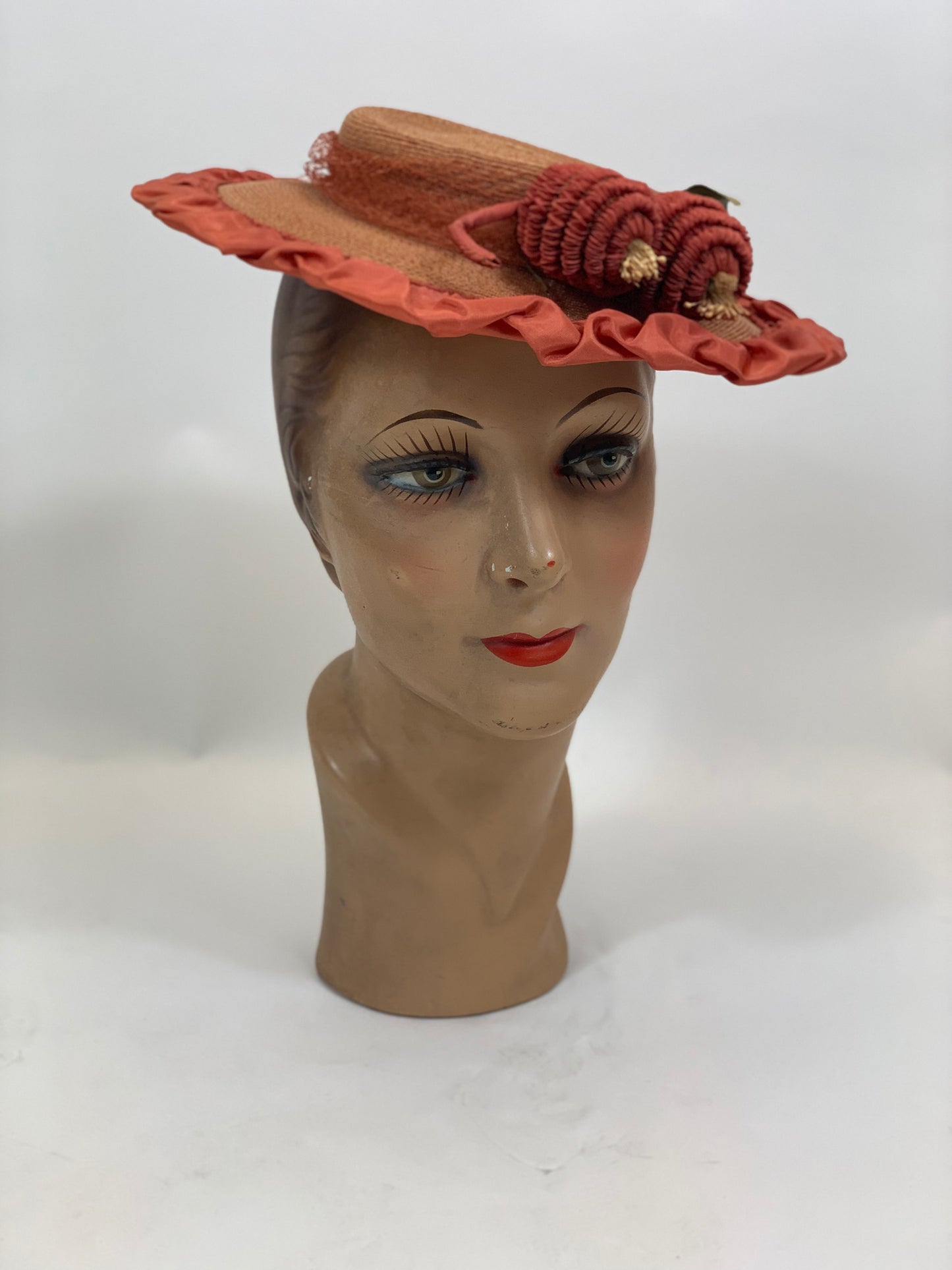 Original Gorgeous 1940’s Fine Natural Straw Hat - edged in Coral