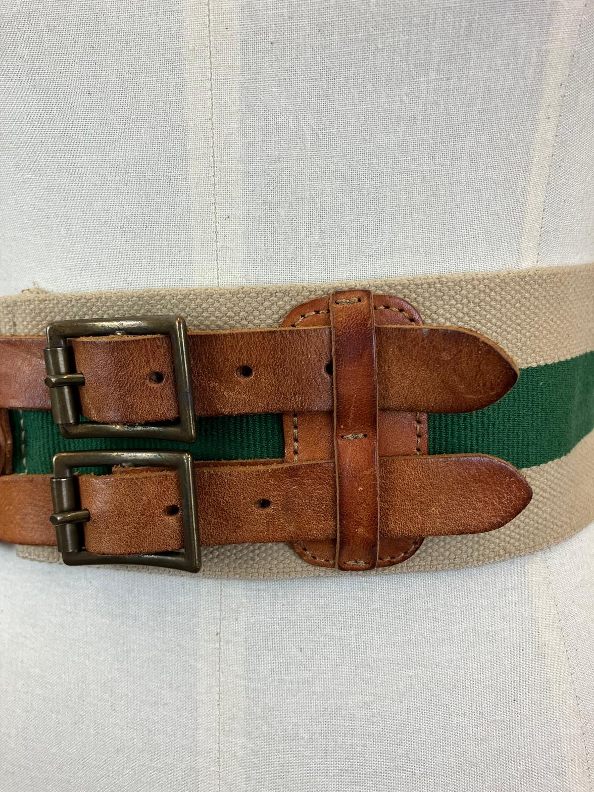 Original 30's/40's Canvas/ Leather Belt - Green and Natural