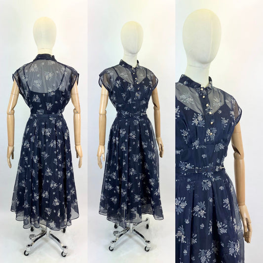 Original 1950's Beautiful Sheer Dress - in Navy and White