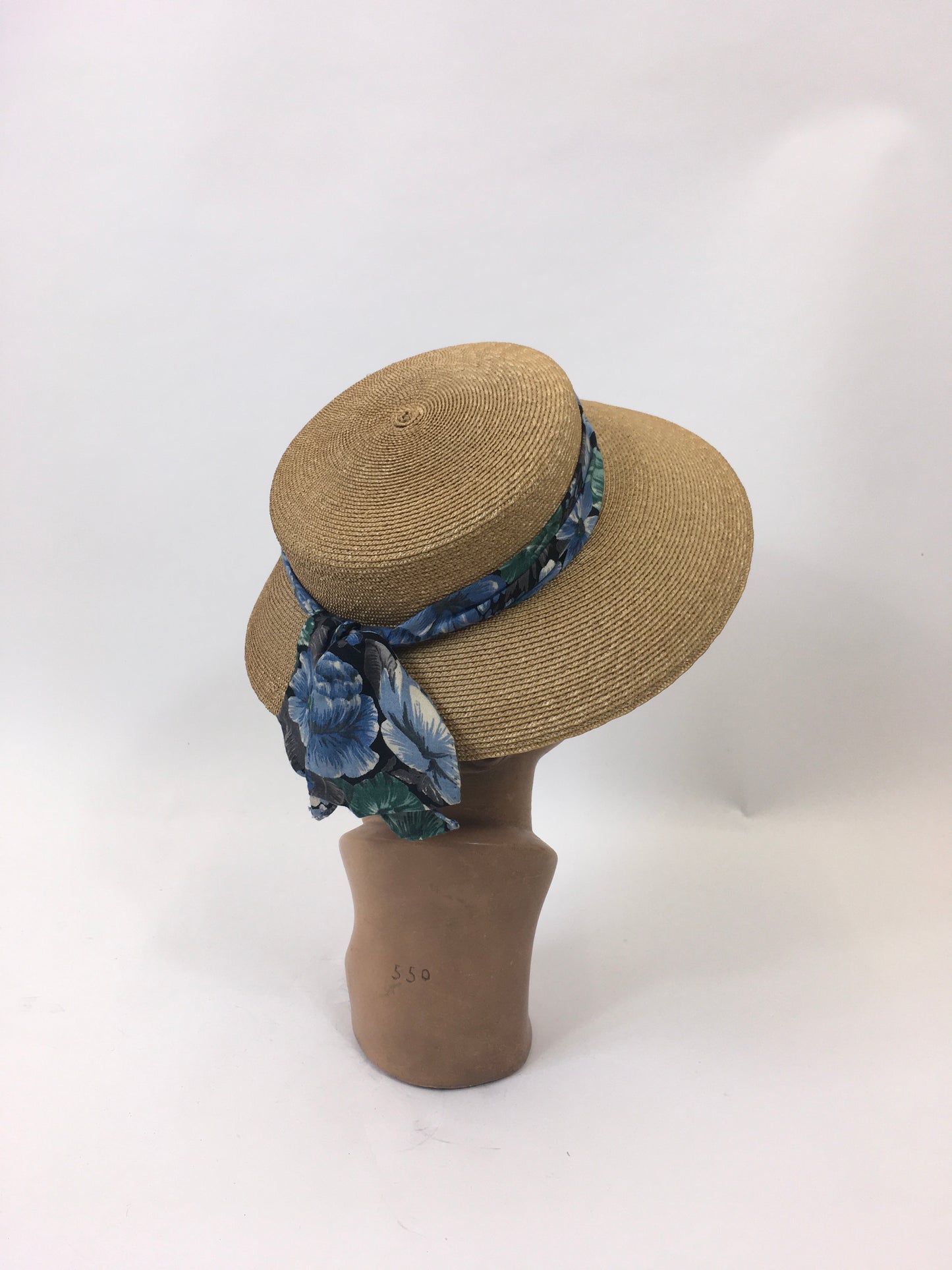 Original 1930’s Gorgeous Natural Straw Hat - Blue floral band