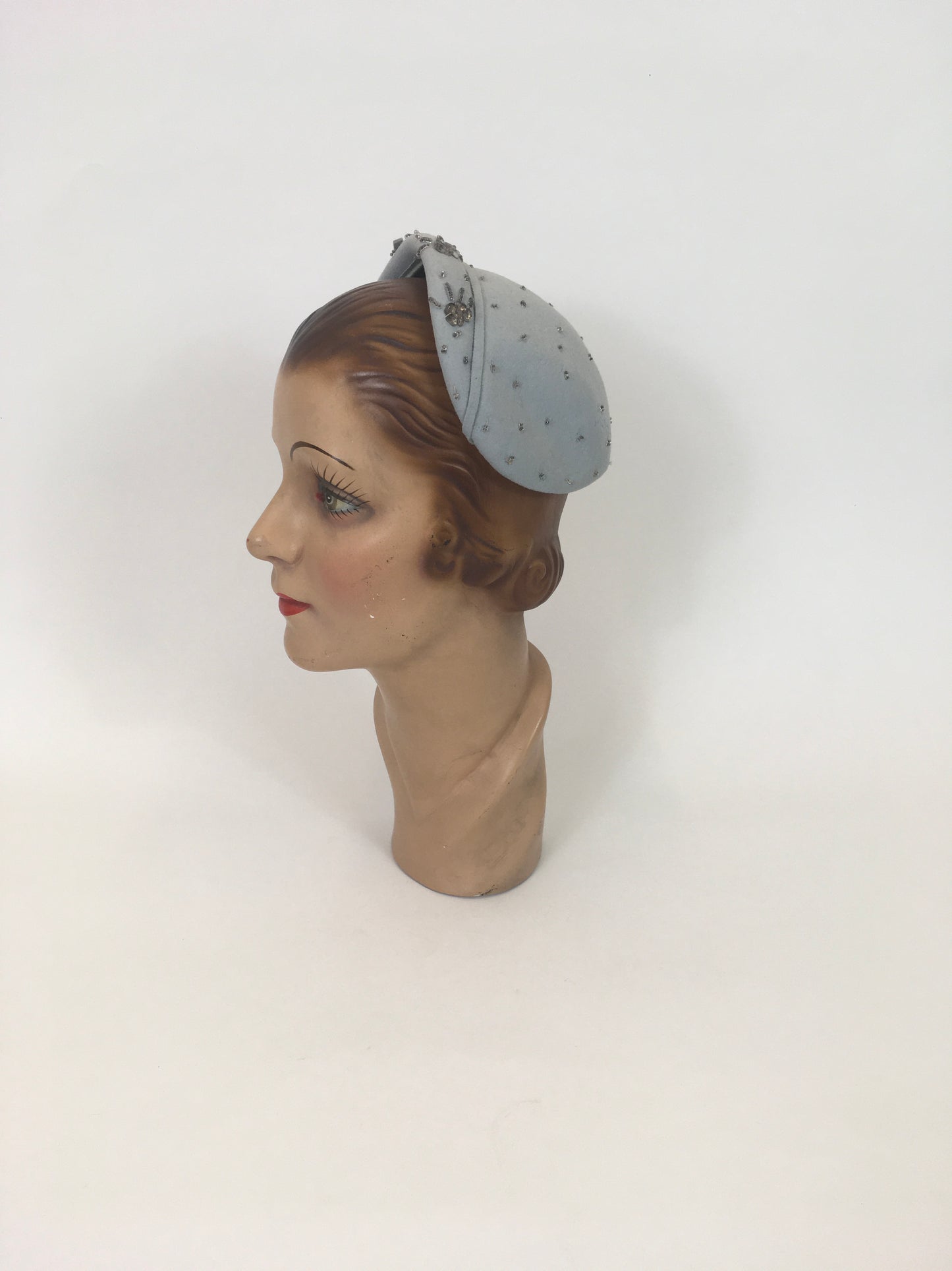 Original 1950s Darling Felt Headpiece - In A Pale Blue With Beadwork