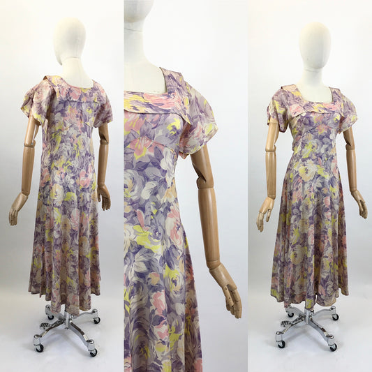 Original 1930’s Beautiful Silk dress - Pastels of Lilacs, Purple, Peach