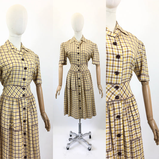 Original CC41 1940’s Gorgeous Plaid Dress - Brown and Yellow