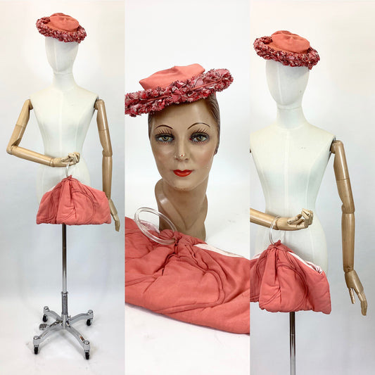 Original 1940s amazing Hat & handbag set - in beautiful coral