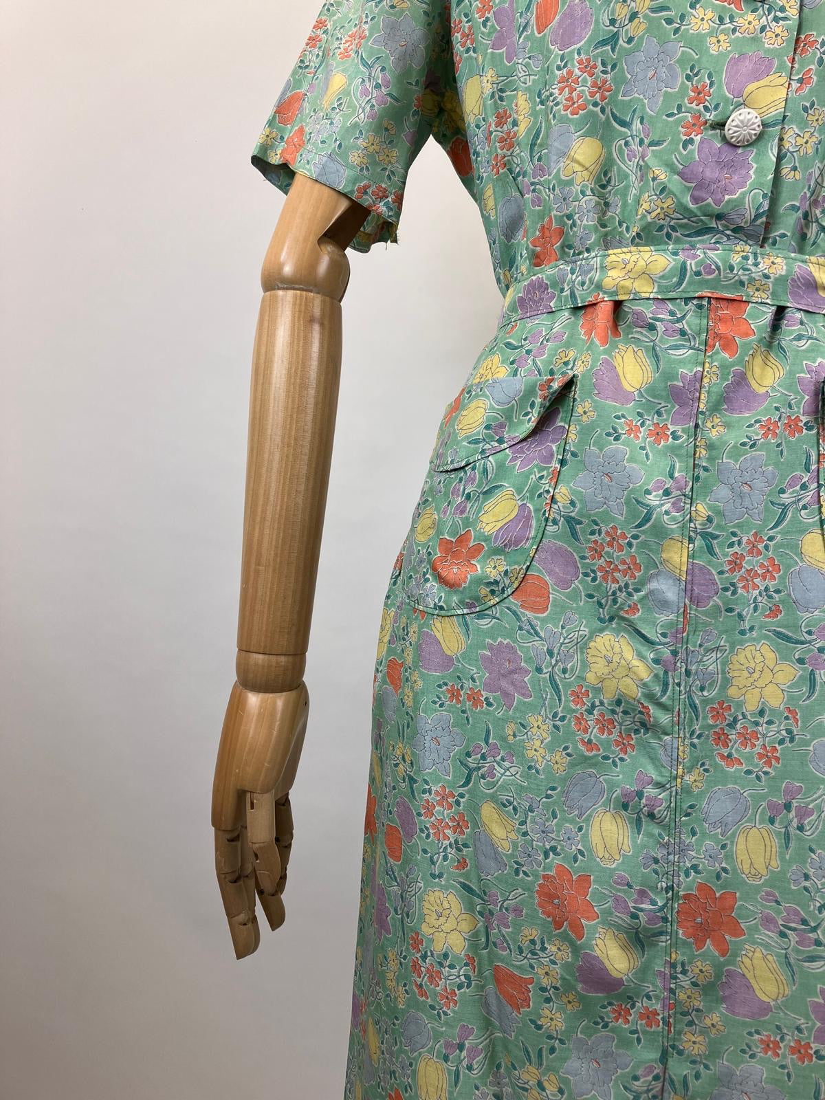 Original 1940's Silk pretty floral dress - in Celedon Green, Orange, Yellow, lilac and mauve