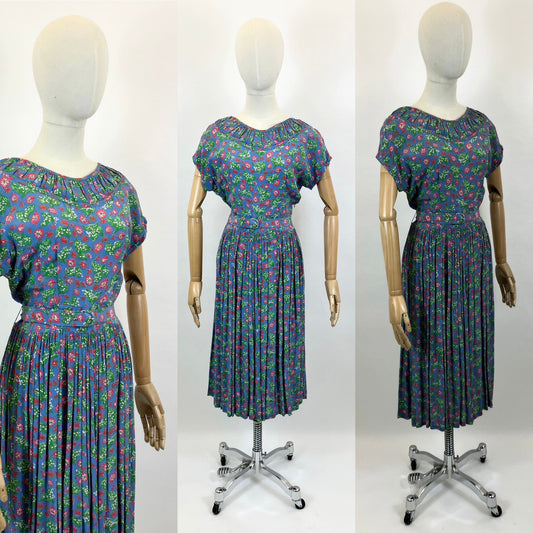 Original 1940’s Novelty print Dress - Lily of the Valley on a background of Blue