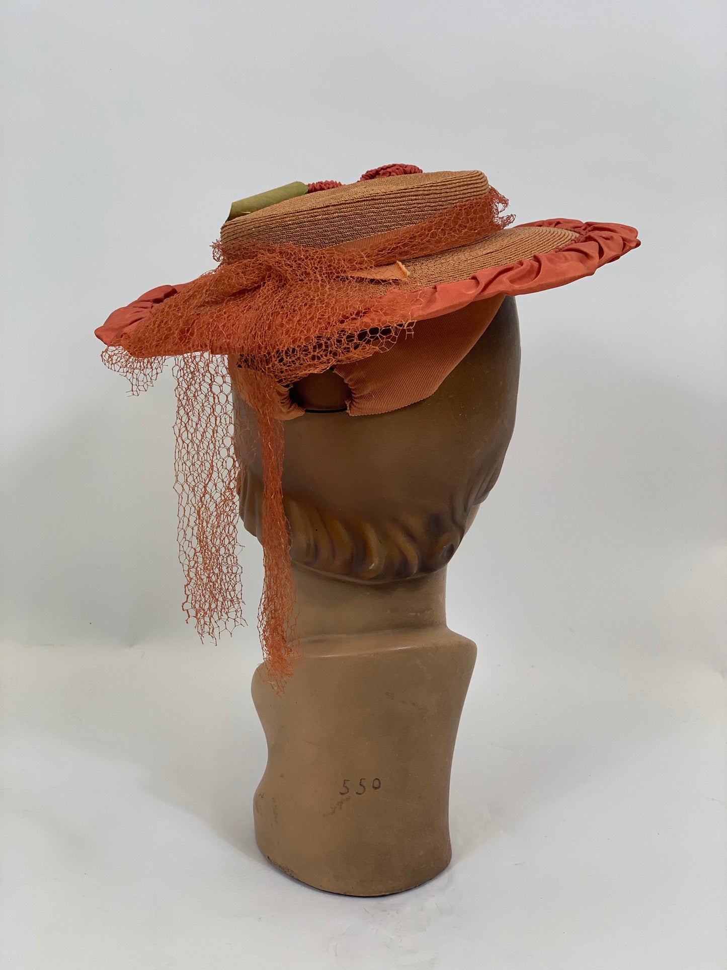 Original Gorgeous 1940’s Fine Natural Straw Hat - edged in Coral