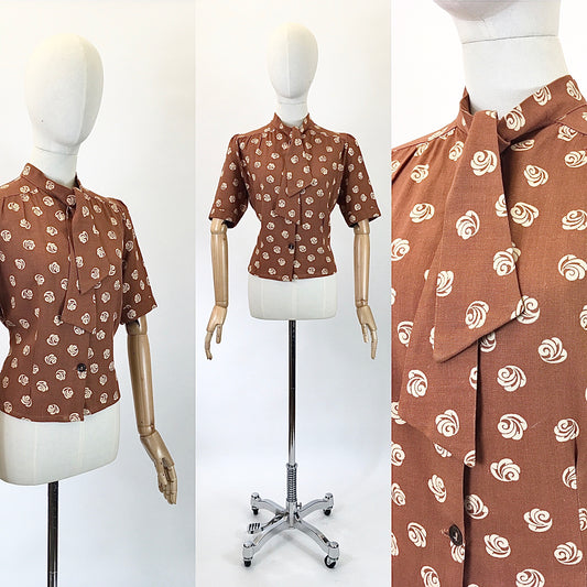 Original 1940s amazing Moygashel blouse - in cinnamon and cream print