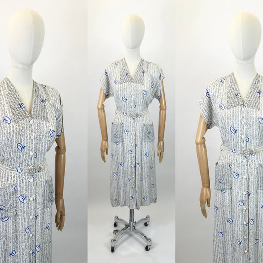Original 1940's Stunning Novelty Silk print dress - With Aztec symbols in  Black and Vibrant Blue