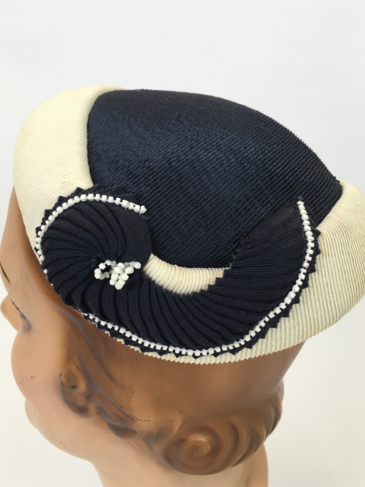 Original 1950's Classic Elegant Headpiece - In two tone Navy/Cream combination.