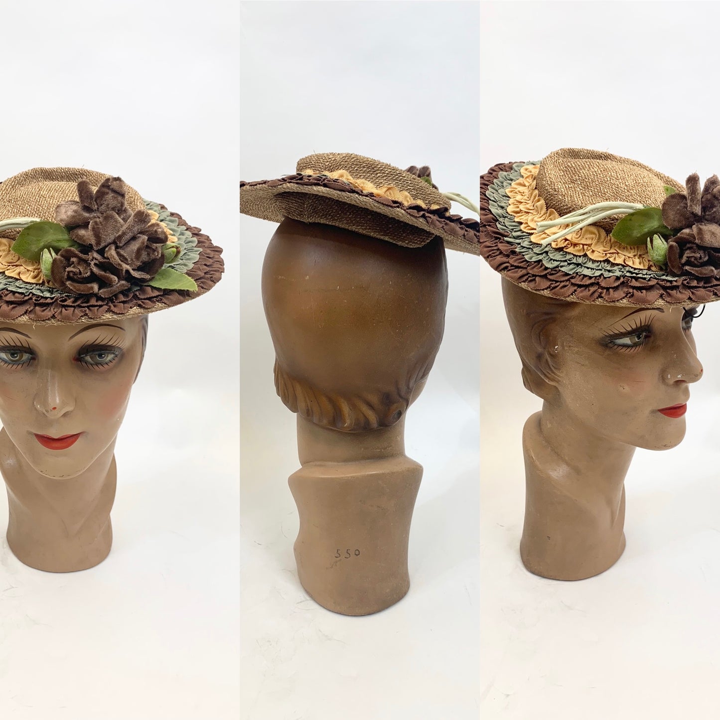 Original 1930's/1940's Natural straw hat - Brown, Duck egg and buttercup yellow accents