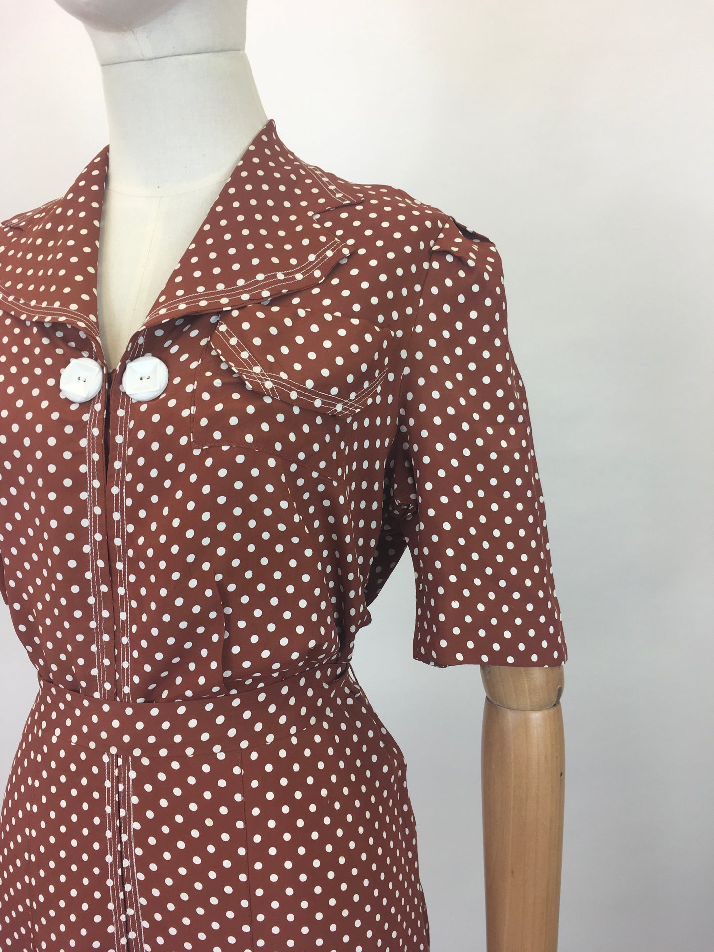 Original 1940s Beautiful Polka Dot Dress - Chestnut Brown with white dots.