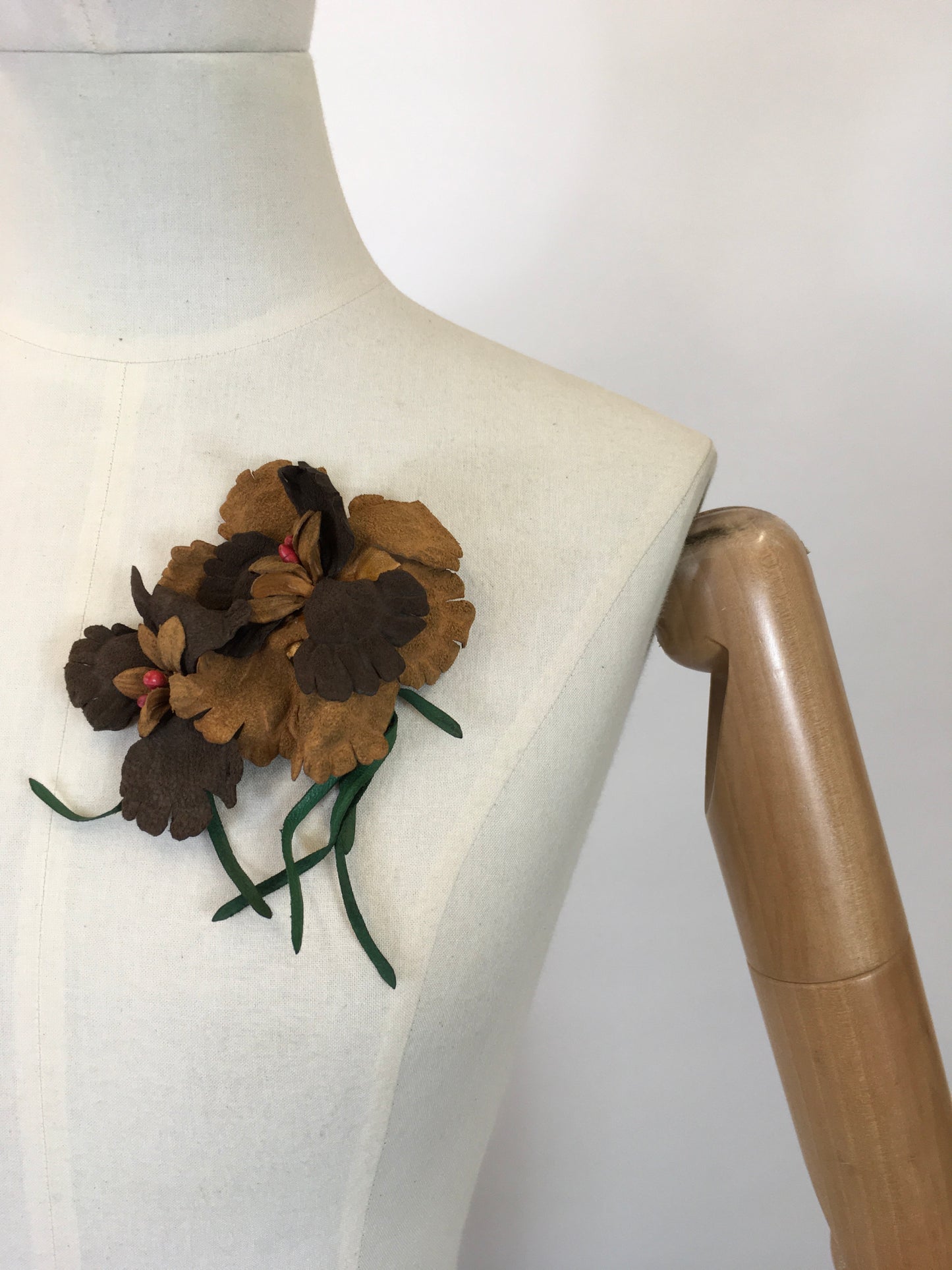 Original Made Do & Mend Leather/suede Corsage - in 2 tone browns with red berries
