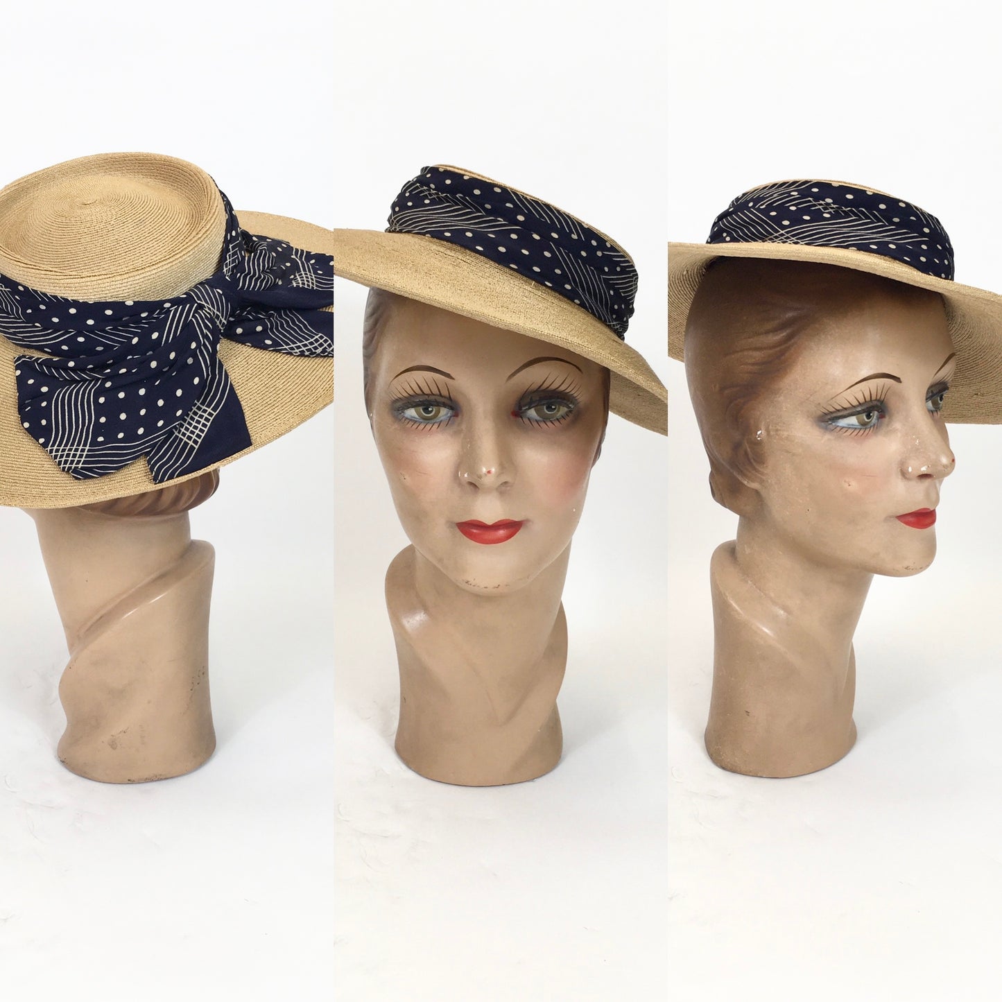 Original 1930s Natural fine Straw Hat - with a Deco ribbon in Navy/white combination.