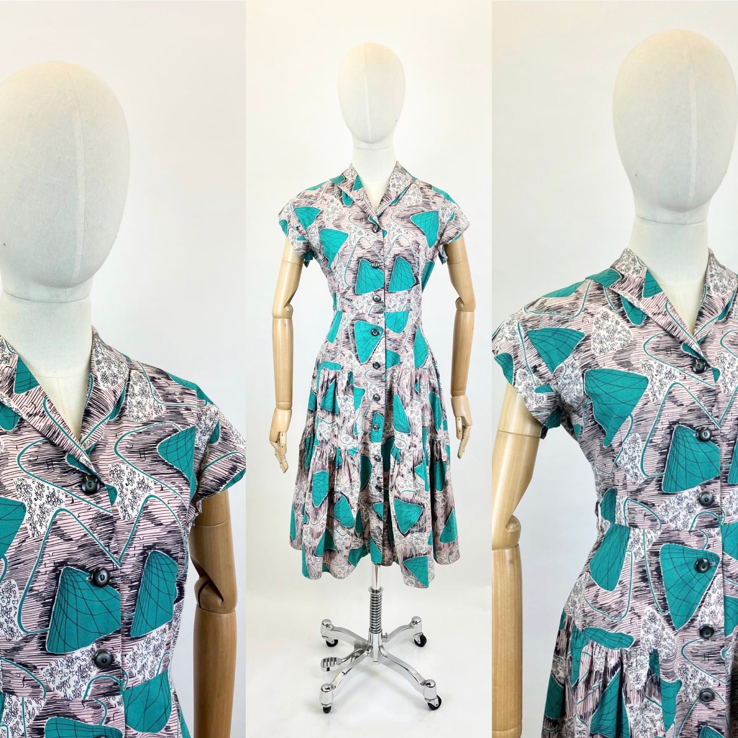 Original late 40’s Gorgeous Cotton Day dress - Print in Jade/Pink/White/Black