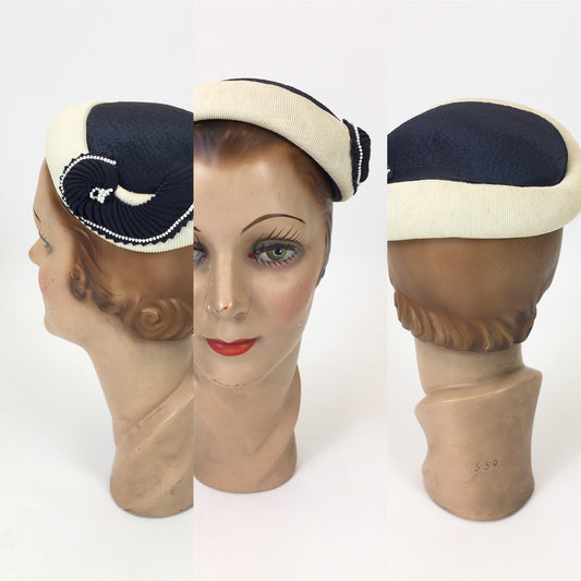 Original 1950's Classic Elegant Headpiece - In two tone Navy/Cream combination.