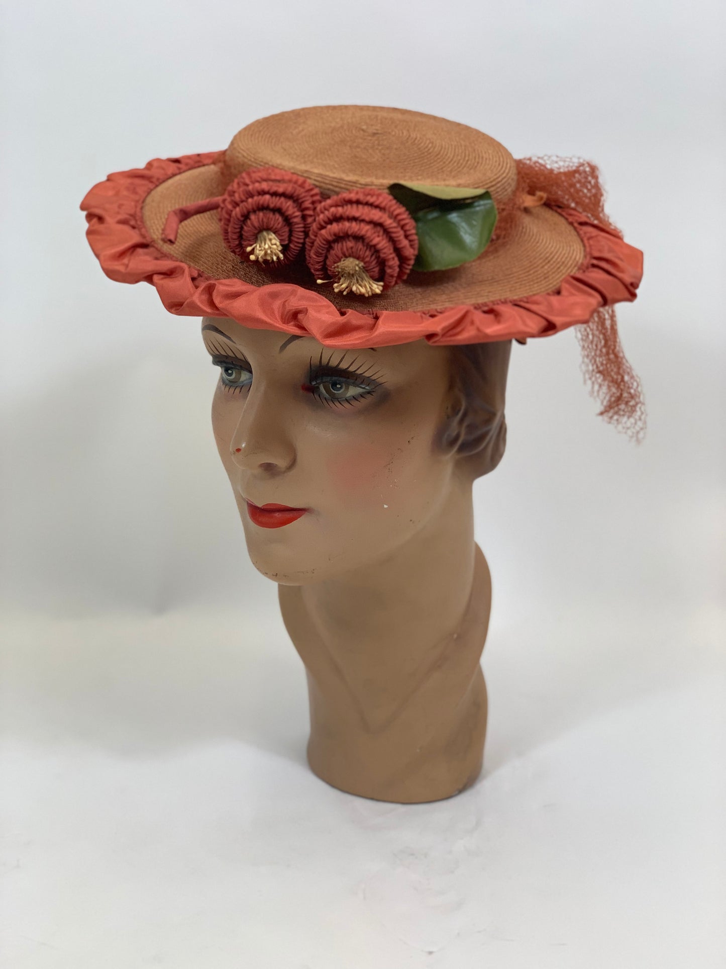 Original Gorgeous 1940’s Fine Natural Straw Hat - edged in Coral