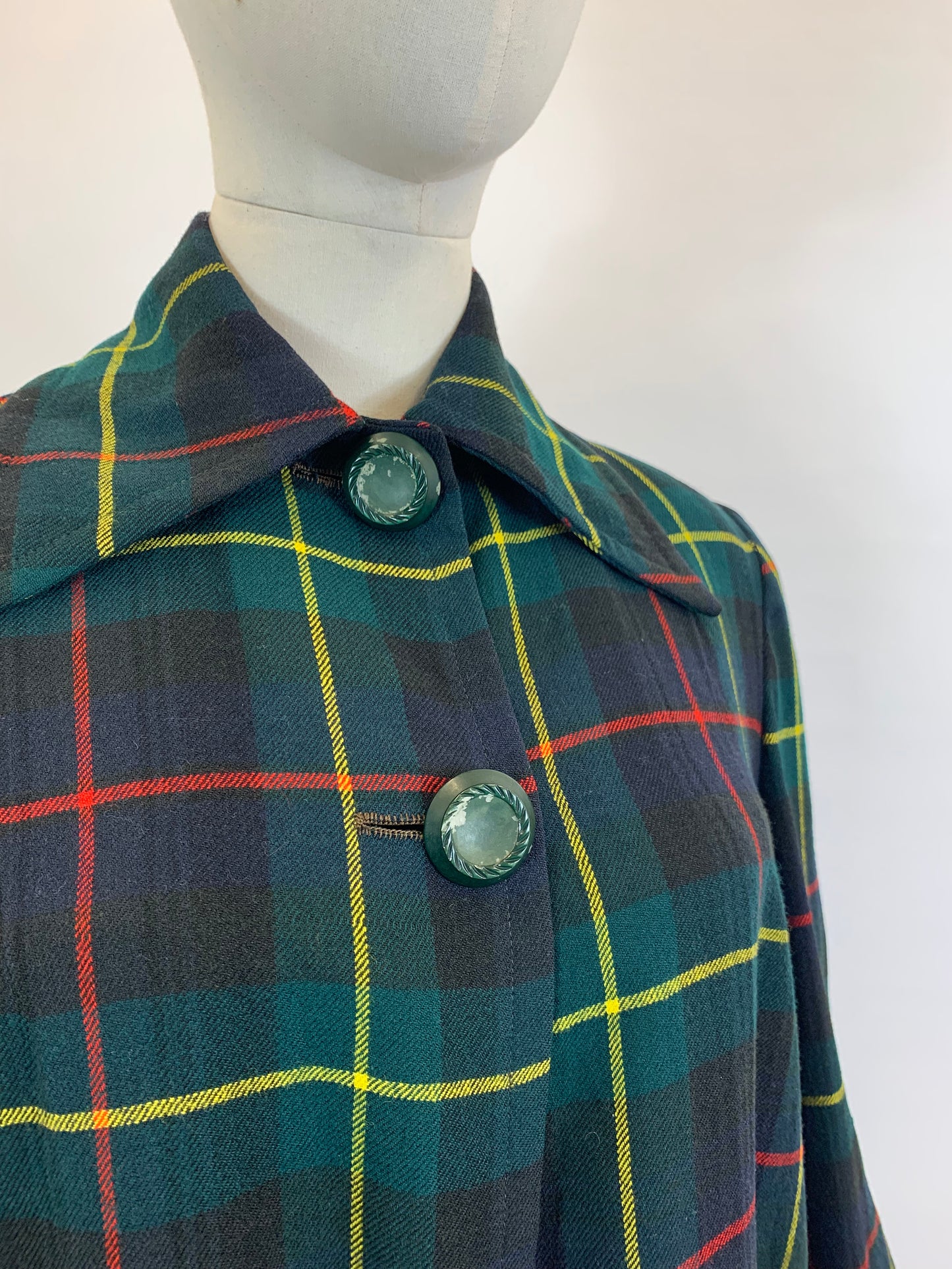 Original 1940’s Fabulous Plaid Swing Jacket - predominantly Green plaid with touches of Red and Yellow