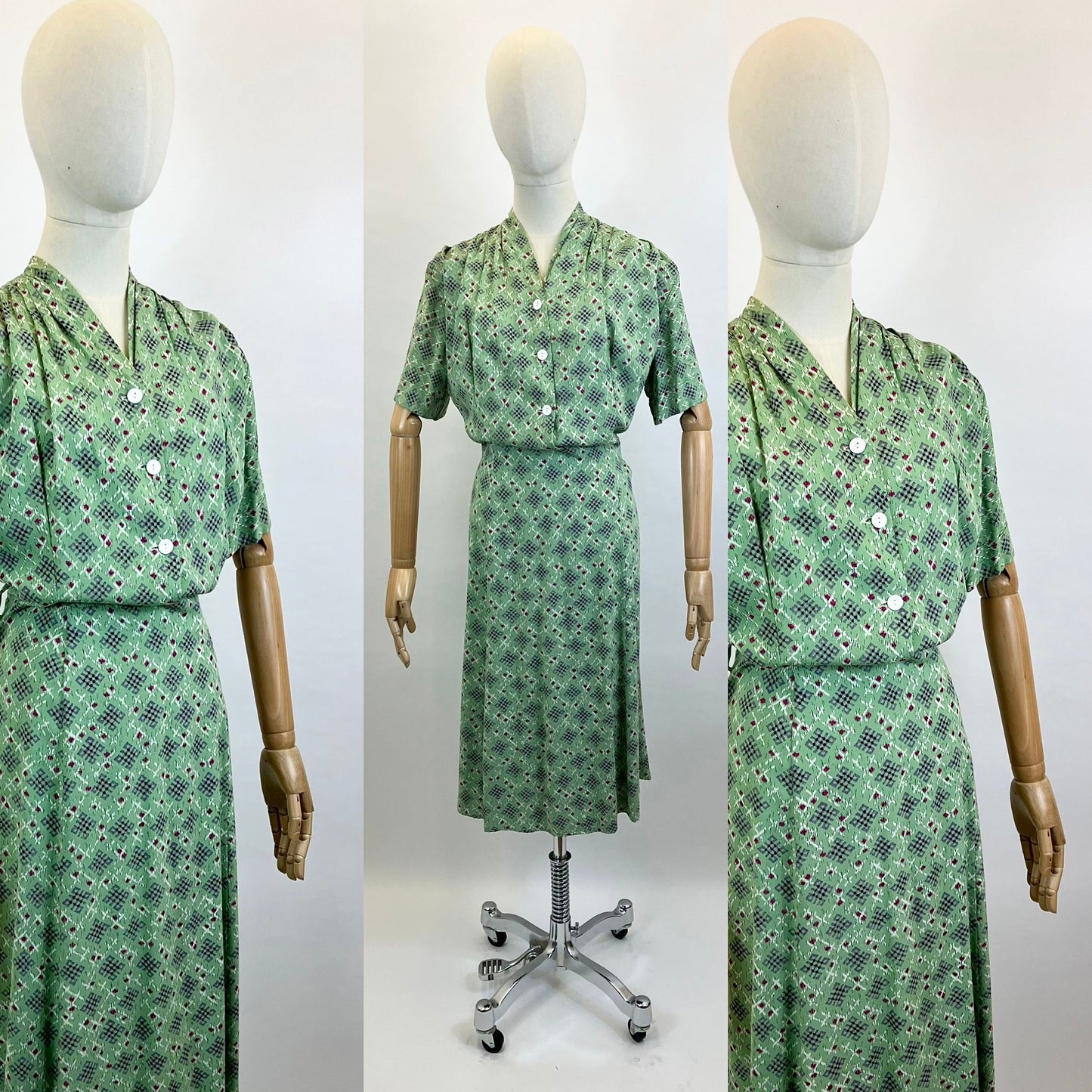 Original 1940’s Gorgeous Day Dress - in Green, Mauve and Cerise