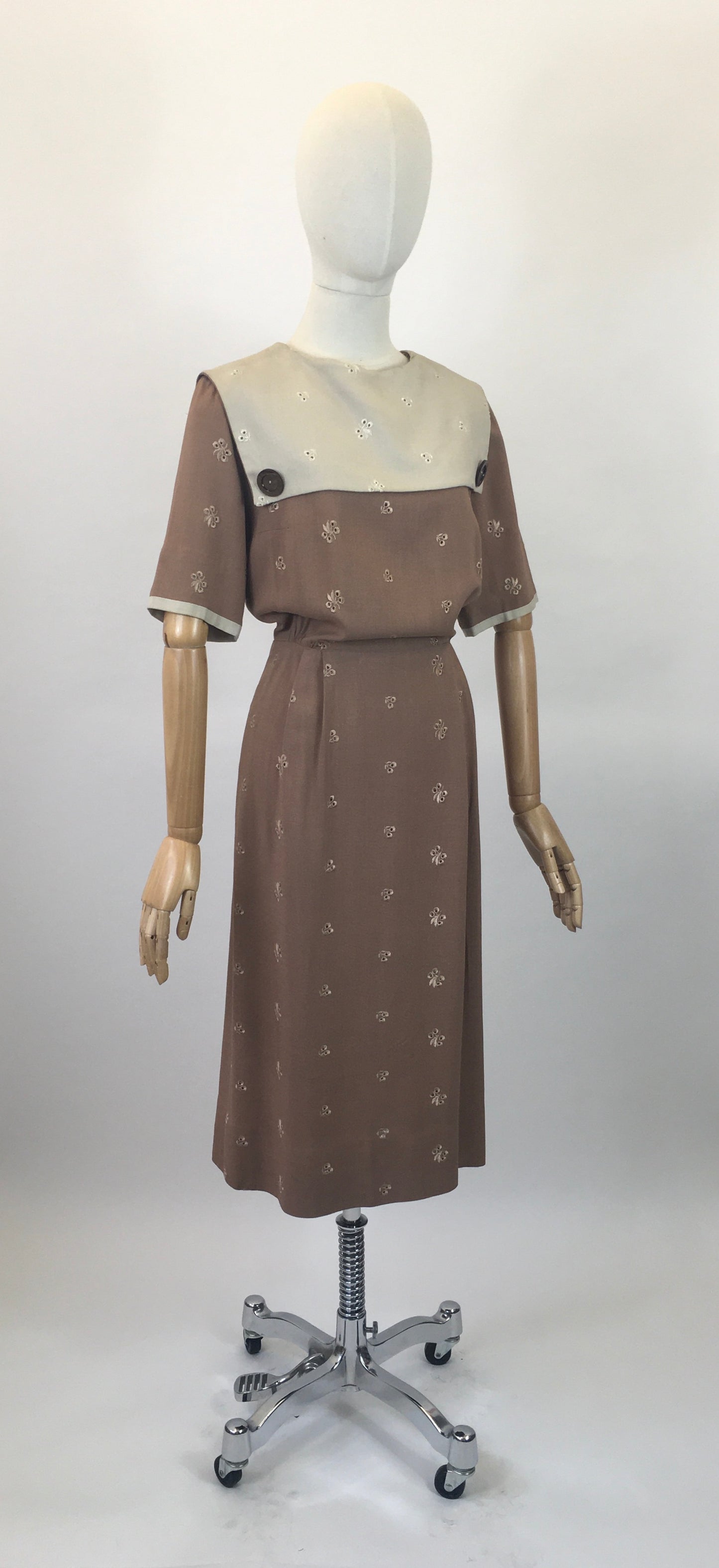 Original early 50’s Broderie Anglaise dress - in a Brown /Fawn colour combination.