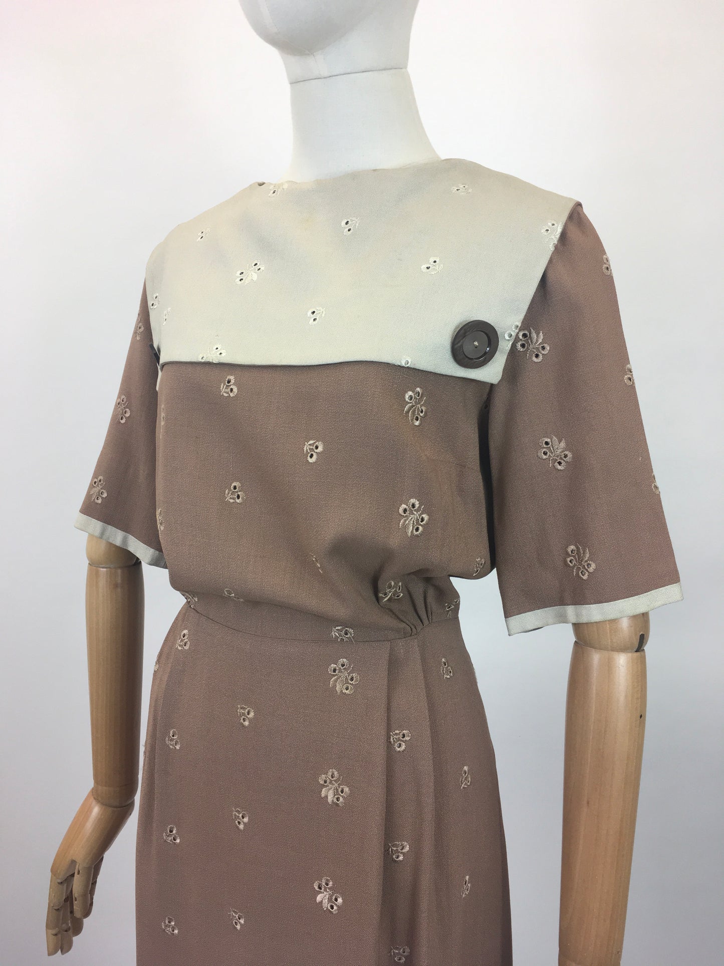 Original early 50’s Broderie Anglaise dress - in a Brown /Fawn colour combination.