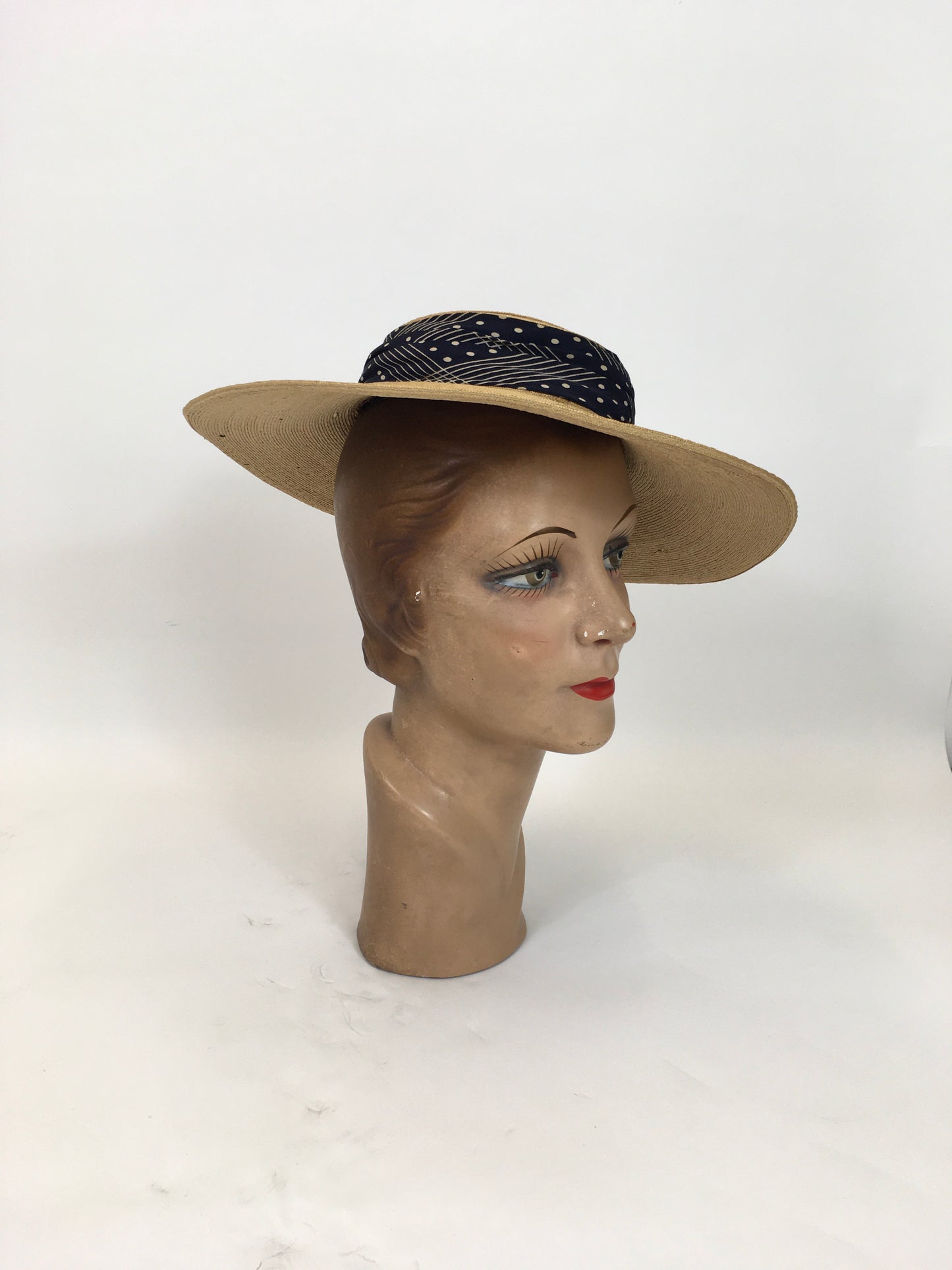 Original 1930s Natural fine Straw Hat - with a Deco ribbon in Navy/white combination.
