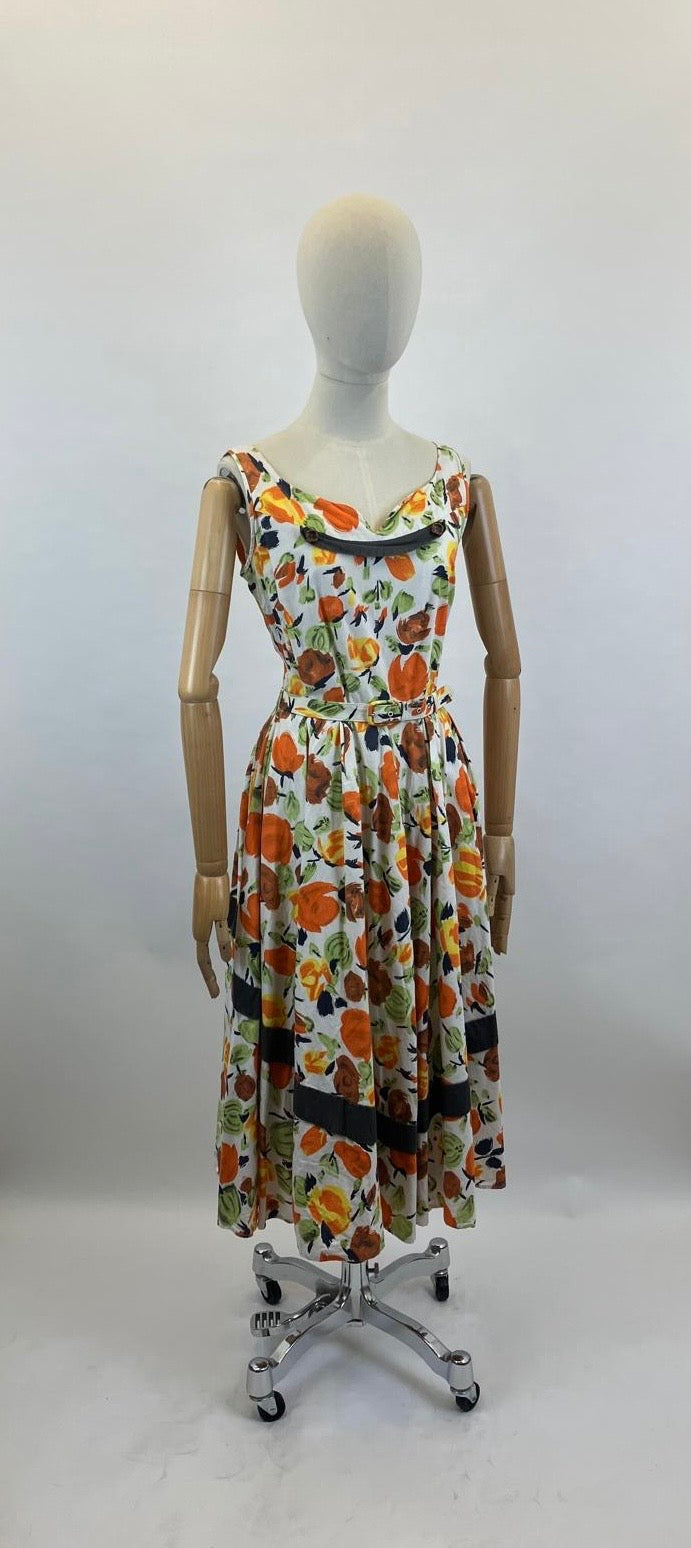 Original 1950's Cotton Sundress - Orange, Green, Cinnamon florals.