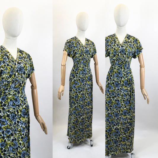 Original 1940's Beautiful Floral dress - in Chautreuse, Blue and Green florals.